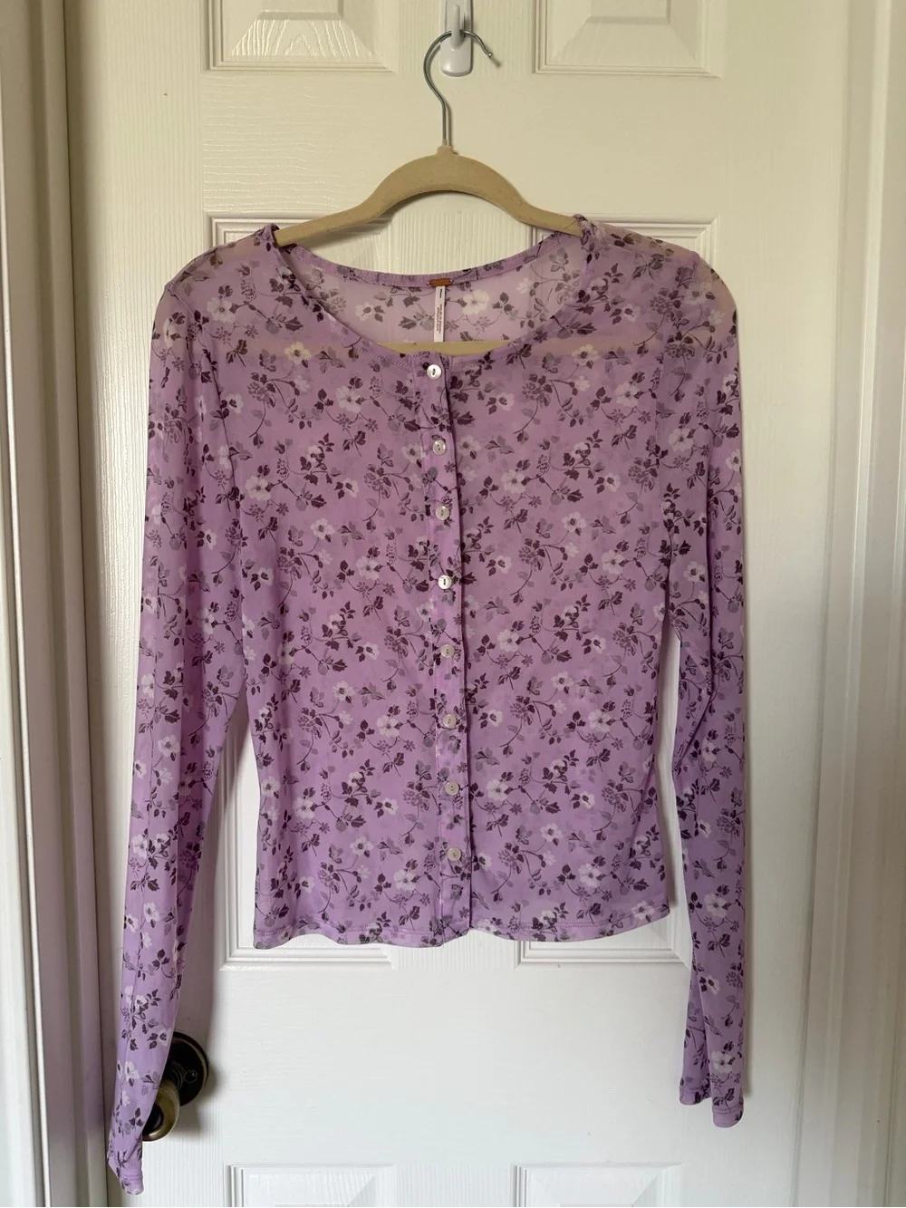Free People Lilac Floral Button-Front Long Sleeve Shirt